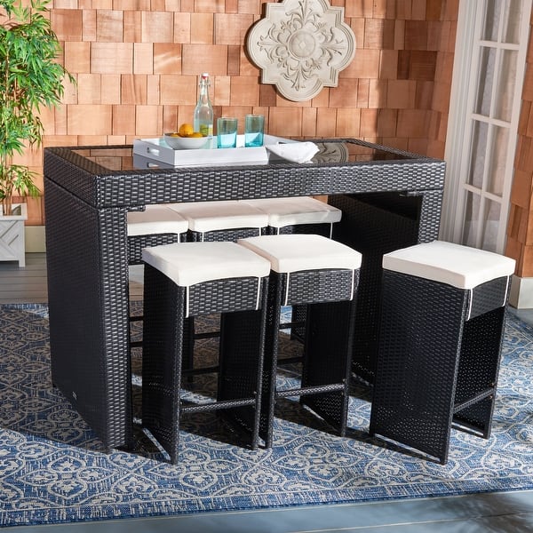 slide 2 of 48, SAFAVIEH Horus 59-Inch Glass 7-Piece Outdoor Dining Set, Coastal Black/Beige