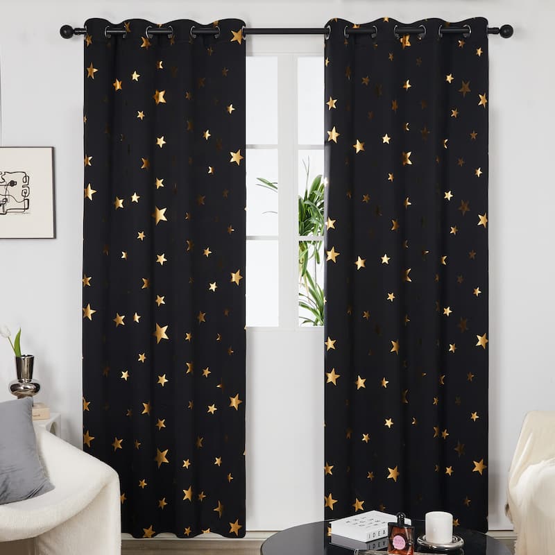 Gold Star Foil Room Darkening Curtains for Kids 2 Panels - 52 x 54 Inch - Black