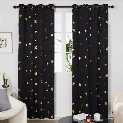 Gold Star Foil Room Darkening Curtains for Kids 2 Panels