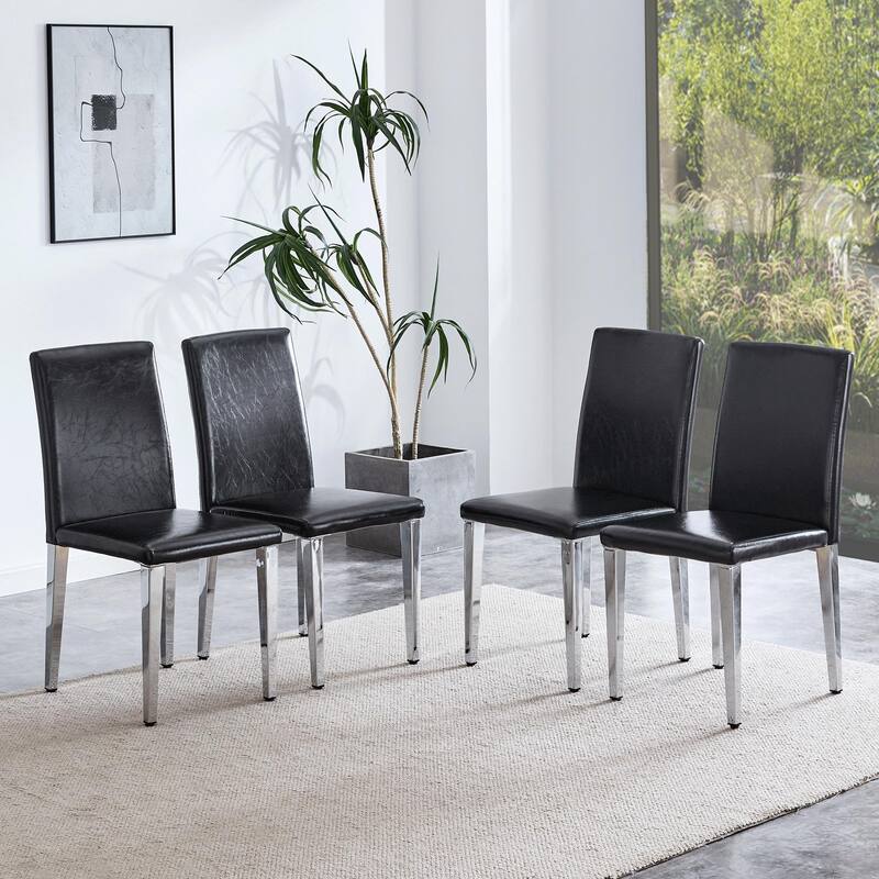 Modern Minimalist Dining Chair, PU Backrest Chair with Ergonomic Design and Silver Metal Legs, for Dining Room, 4-Piece Set