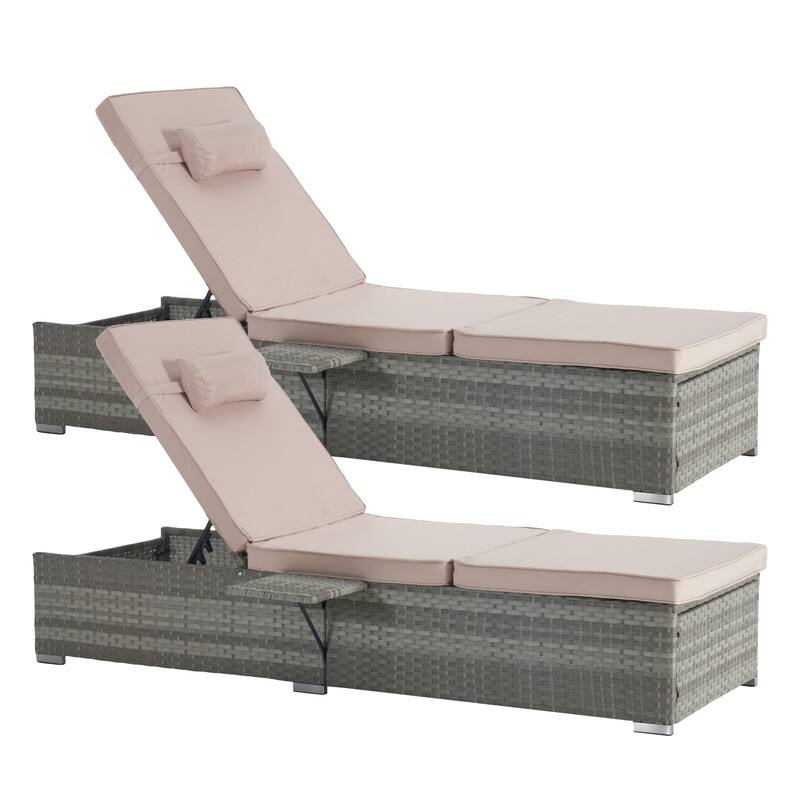 2 Piece Outdoor PE Rattan Long Reclining Chaise, Adjustable Recliner