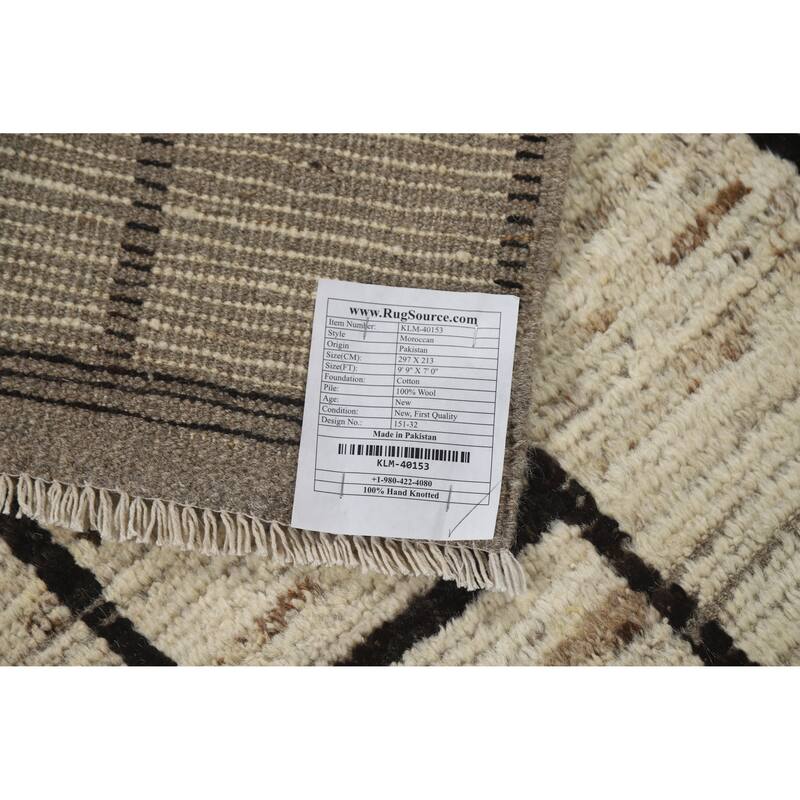 Geometric Moroccan Area Rug Hand-Knotted Beige Wool Carpet - 7'0" x 9'9"