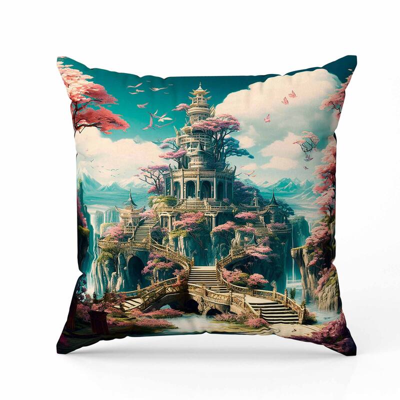 Wonderland Whispers Indoor/Outdoor Reversible Throw Pillow Cyan and Pink