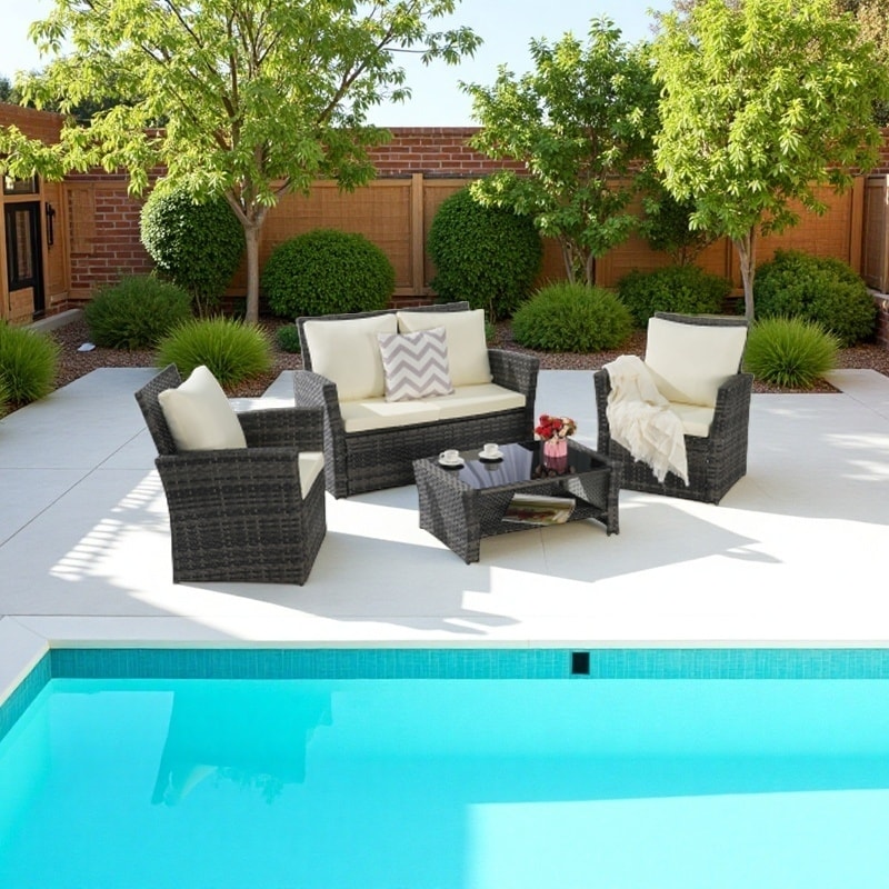 4-Piece PE Rattan Patio Furniture Set with Cushions and Tempered Glass Coffee Table, Outdoor Wicker Chairs and Loveseat