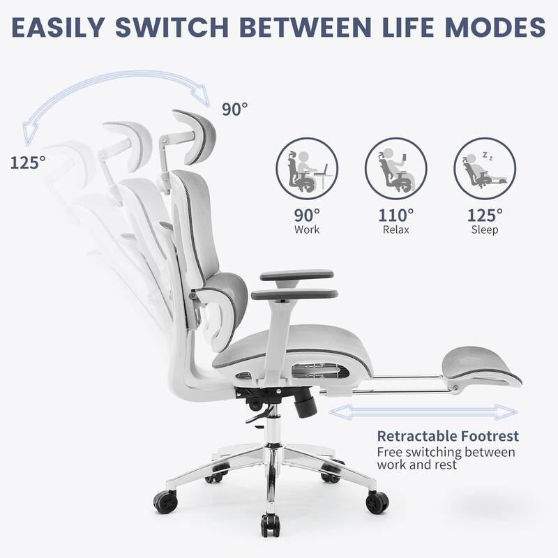 Ergonomic Mesh Office Chair with Footrest, Adjustable Lumbar Support, High Back Tilt Desk Chair for Adults