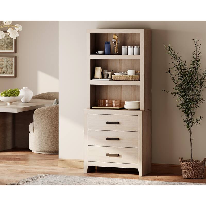 3-Tier Bookshelf with 3 Large Drawers, 74" Tall Farmhouse Bookcase with Wide Metal Handles, for Living Room, Office, Library