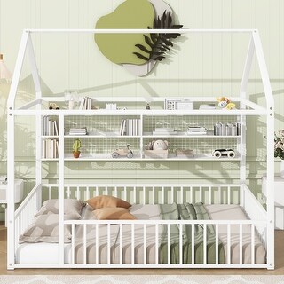 Full Size Metal House Bed Frame with Fence and Shelves, White