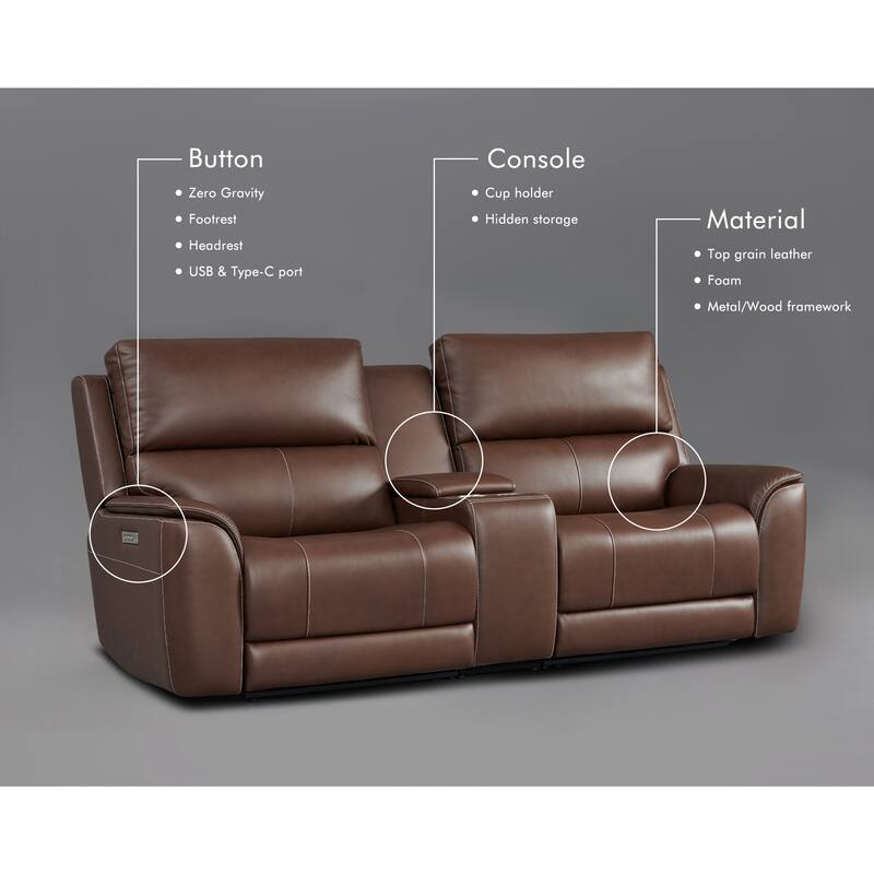 95" W Premium Genuine Leather Triple-Power Double Width loveseat with Zero Gravity, USB & Type-C Ports