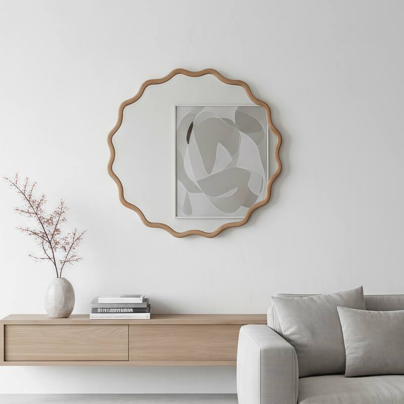 GDFStudio - Primeva Organic Wavy Round Solid Wood Decorative Wall Mirror with Sculptural Frame Design