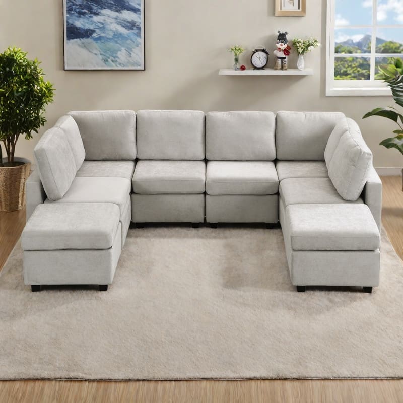 103" Chenille U-Shape Sectional Sofa 6-Seat Convertible Sleeper with 2 Ottomans and 3 USB Ports - Grey