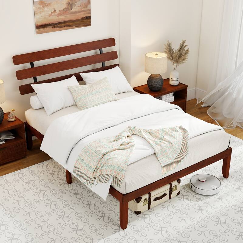 Walnut Solid Rubber Wood Platform Bed with Retro Headboard and Slatted Mattress Base - Multi
