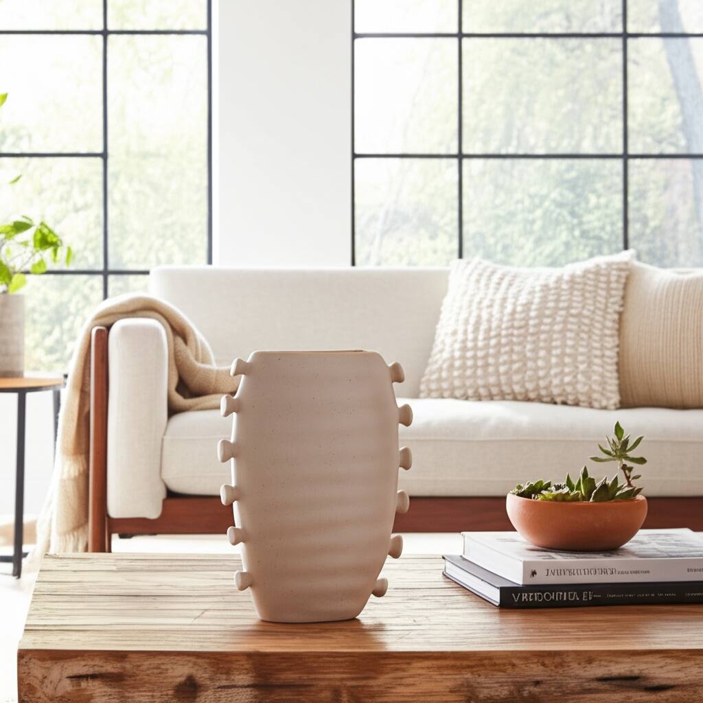 Stoneware Vase Statement-Making Tall Unique Side Detailing Home Decor
