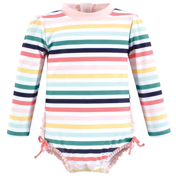 slide 1 of 1, Hudson Baby Girls Rashguard Toddler Swimsuit, Sunset Stripe 2T - Sunset Stripe Toddler