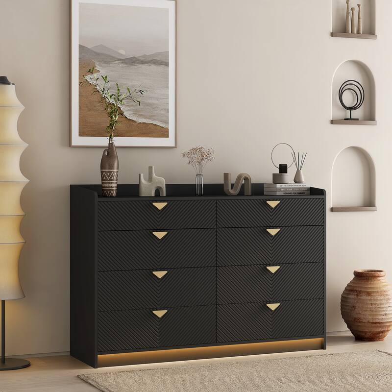 8 Drawer Double Dresser for Bedroom,Modern Dressers Chest of Drawers with Fluted Panel,Black