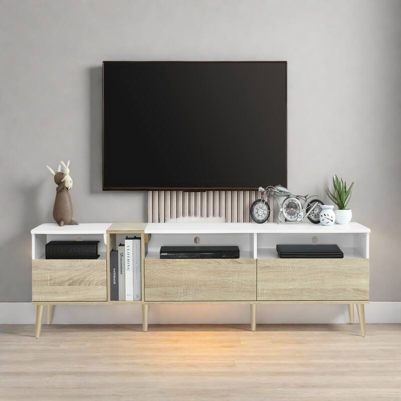 70.86" Modern Minimalist TV Stand - 3 Drawers and 4 Open Shelves, Cable Management - White