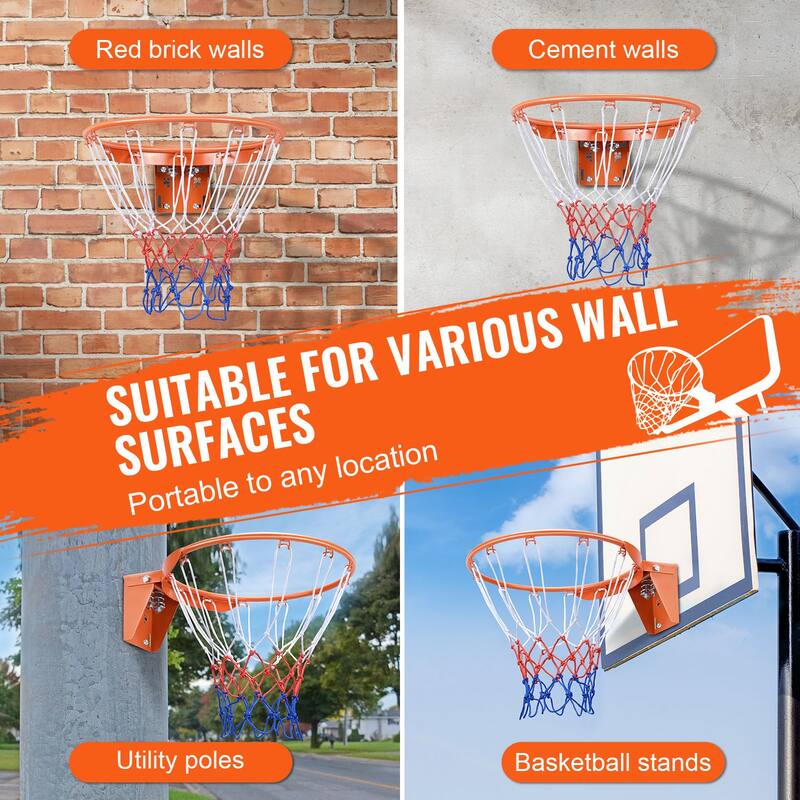 Basketball Rim, Wall Door Mounted Basketball Hoop, Heavy Duty Q235 Basketball Flex Rim Goal Replacement with Net