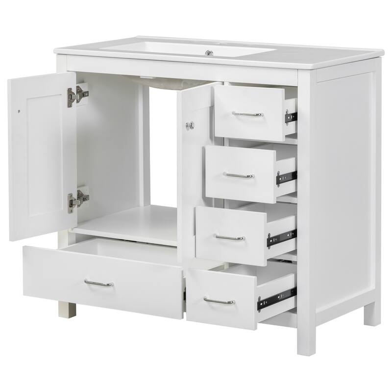 36" White Bathroom Vanity with Ceramic Sink Combo, 2 Soft-Close Cabinet Doors, 5 Drawers, Elegant Silver Handles
