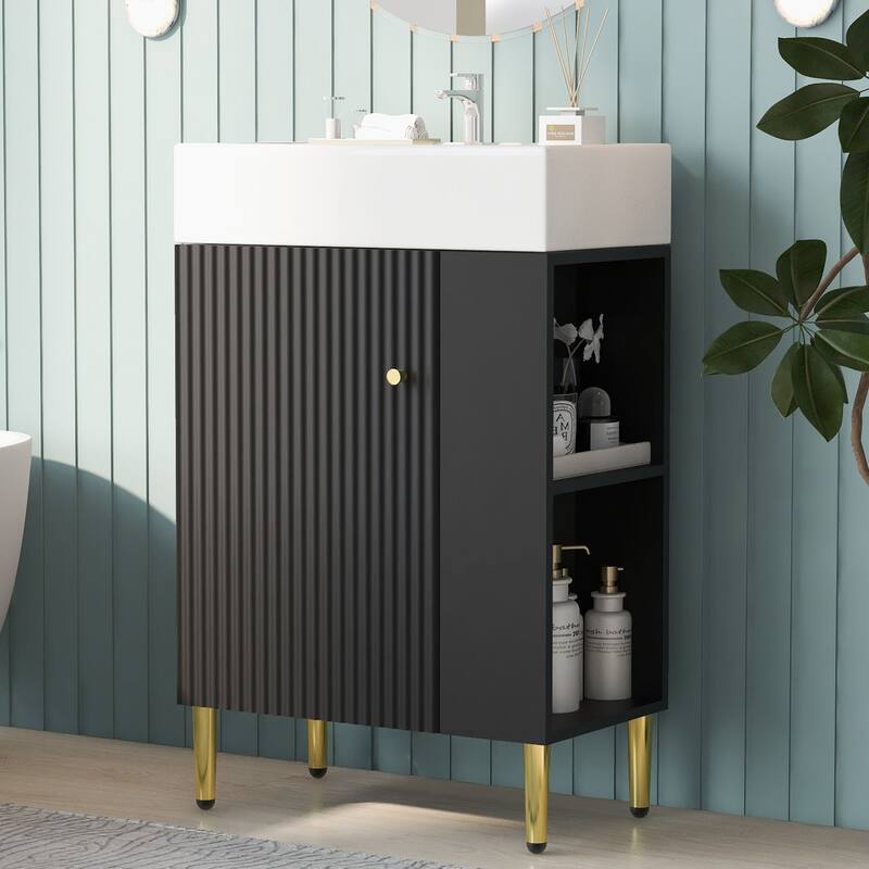 Compact 21.6" Bathroom Vanity with Free-Standing Cabinet, Soft-Close Door & Open Shelves