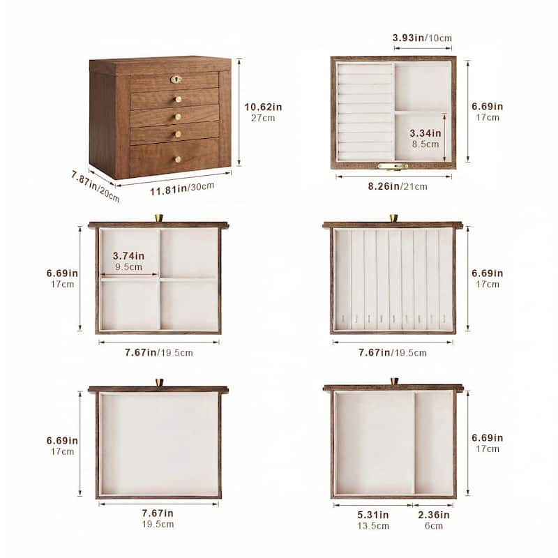 Walnut Color Pull-out with Locking and Mirror 5-Layer Jewelry Box - 11.82