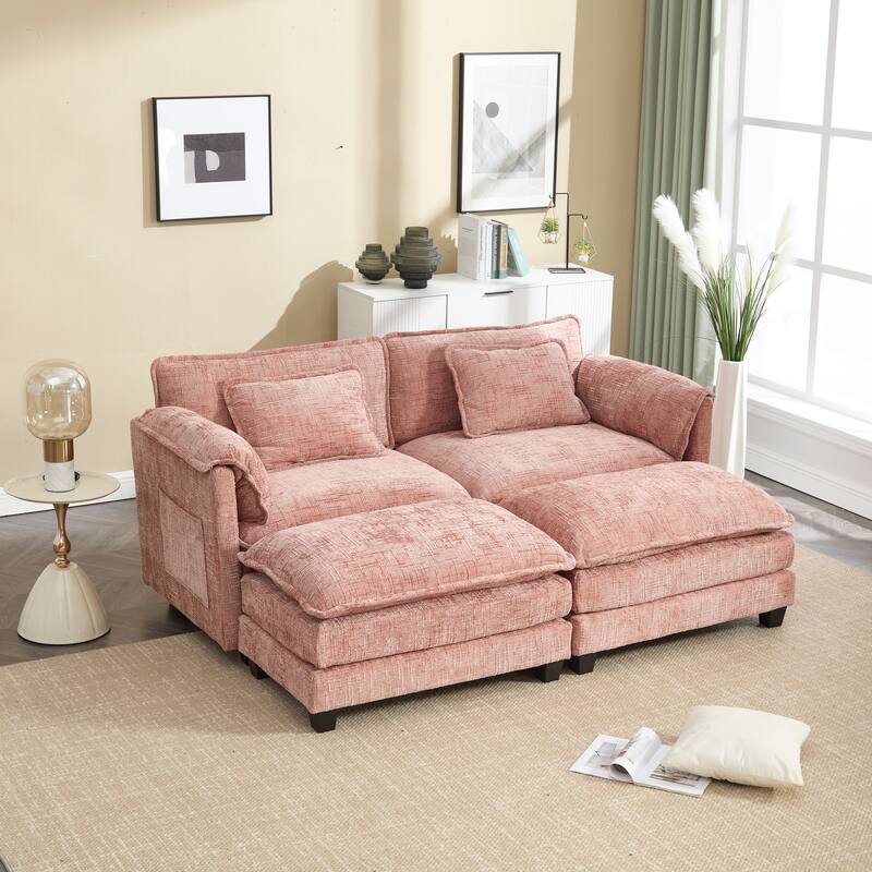 Chenille Fabric Loveseat Sofa Couch with 2 Ottomans and Side Pockets