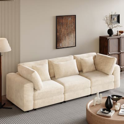105'' 3 Seater Sofa with Removable Back Cushions and 5 Pillows, Beige Polyester, for Living Room