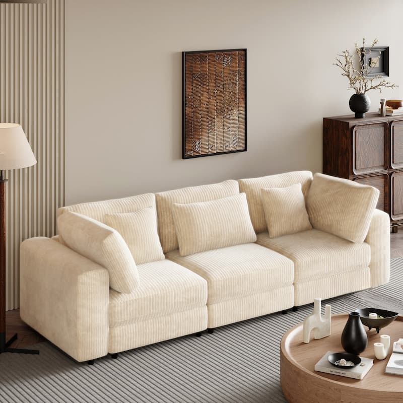 Beige 105" Corduroy Upholstered 3-Seater Sofa with Removable Back Cushions - Beige