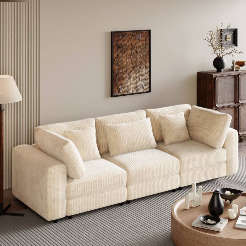 Corduroy 3 Seater Modular Sofa with Removable Back Cushions and 5 Pillows