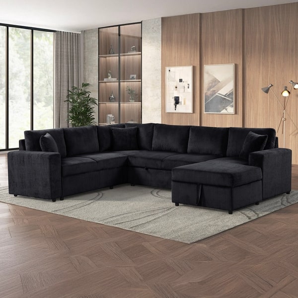 slide 2 of 20, Ruxley 123"W Corduroy Sleeper Sectional Sofa with Right-Facing Storage Chaise and Throw Pillows Black