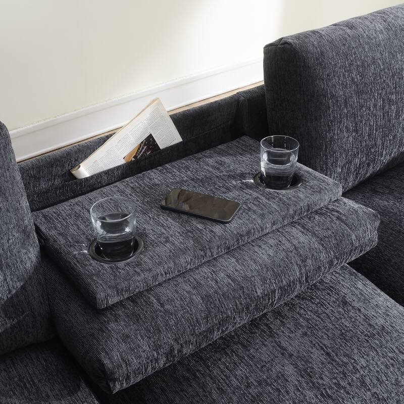 Chenille Sectional Sofa With Bluetooth Speaker,Cloud Couch Set With Drop Down Table,Cup Holders,Usb Charger,Storage Armrest