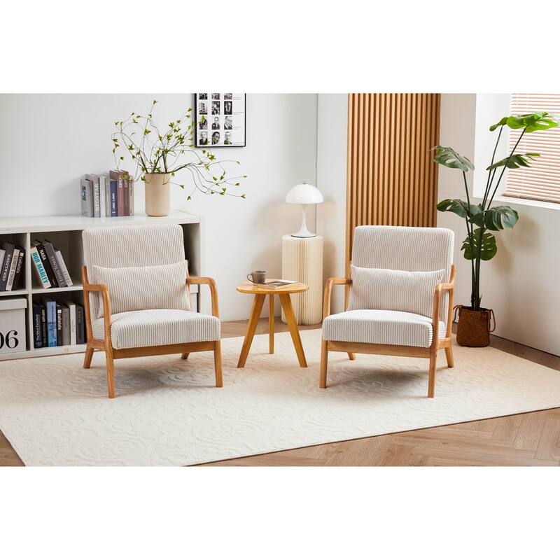 Mid-Century Modern Accent Chair, Upholstered Single Sofa Chair with Pillow, Lounge Armchair with Rubber Wood Frame