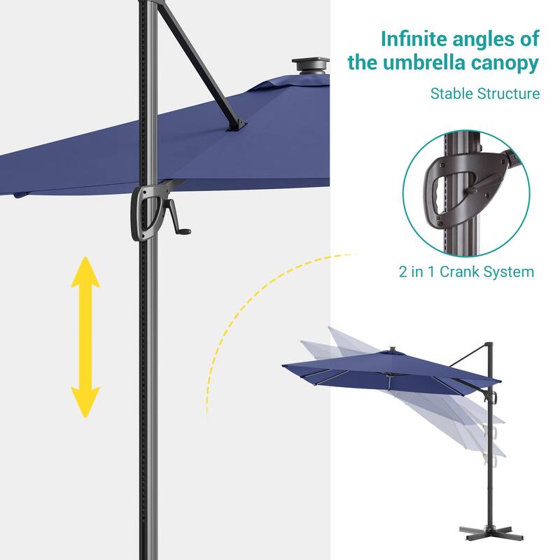 BONOSUKI Solar-powered 10x8ft Cantilever Patio Umbrella, Ultimate Outdoor Comfort with 360° Rotation and Canopy Angle Adjustment