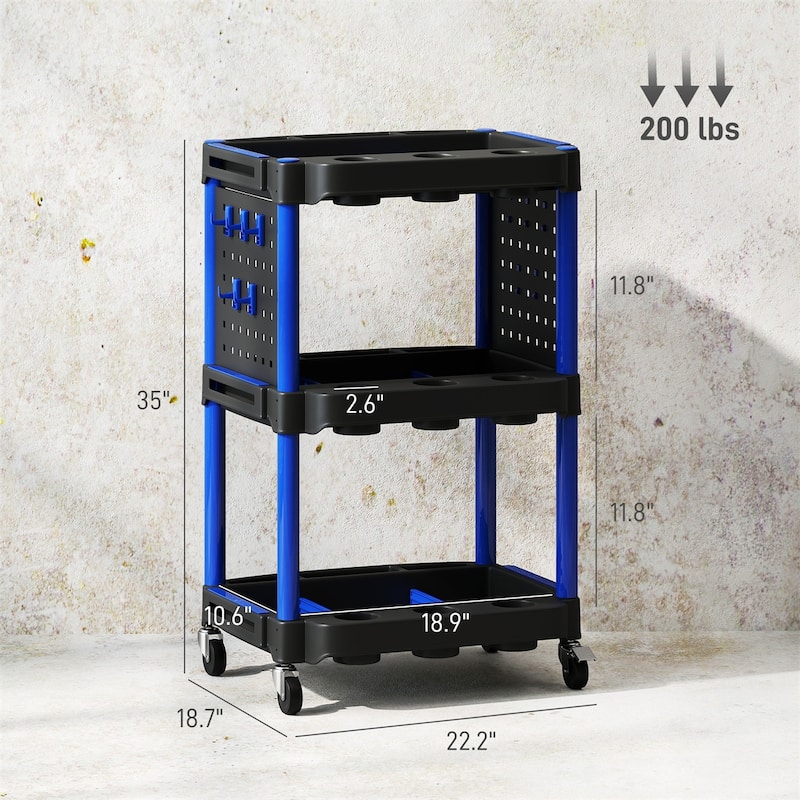 Three-Tier Mobile Rolling Tool Cart with Hooks and Storage Holes for Garage Workshop Organizer - 22.2" W x 18.7" D x 35" H