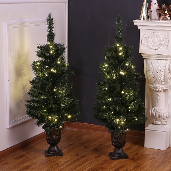 Set of 2 4-Ft Pre-Lit Artificial Green PVC Porch Trees. Opens flyout.