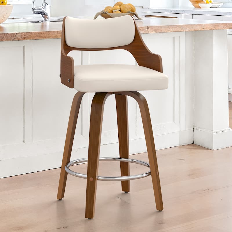 Modern Swivel Bar Stools with Curved Wood Back Upholstered Armrest Counter Stool - Ivory