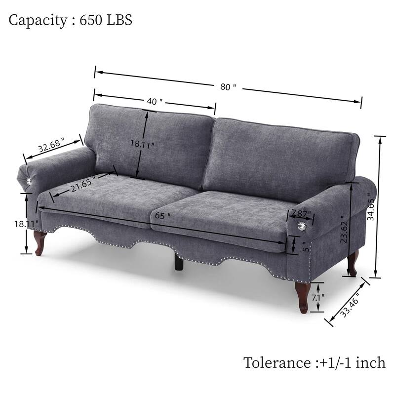 80-Inch Grey Modern Linen 3-Seat Sofa with Wooden Legs, Crystal Buttons and Copper Nails
