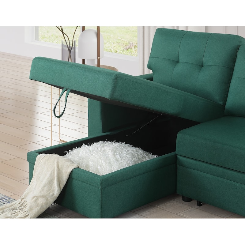 Pull-out Upholstered Sectional Sofa with Storage Chaise & Removable Cushions