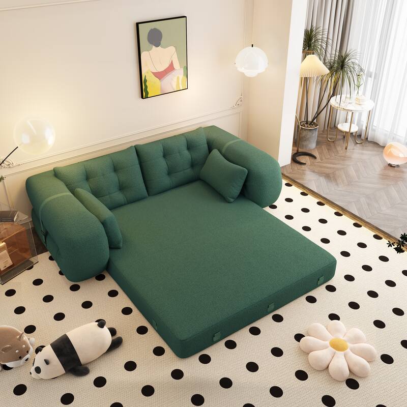 78.7" Multi-Functional Foldable 3-in-1 Teddy Fabric Sofa Bed, Green