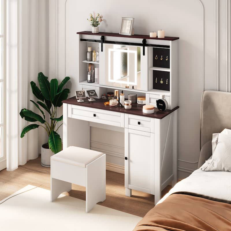 Vanity Desk with Sliding Mirror and Lights, Vanity Table with 4 Drawers and 1 Cabinet, Dressing Table with 3 Lighting Modes