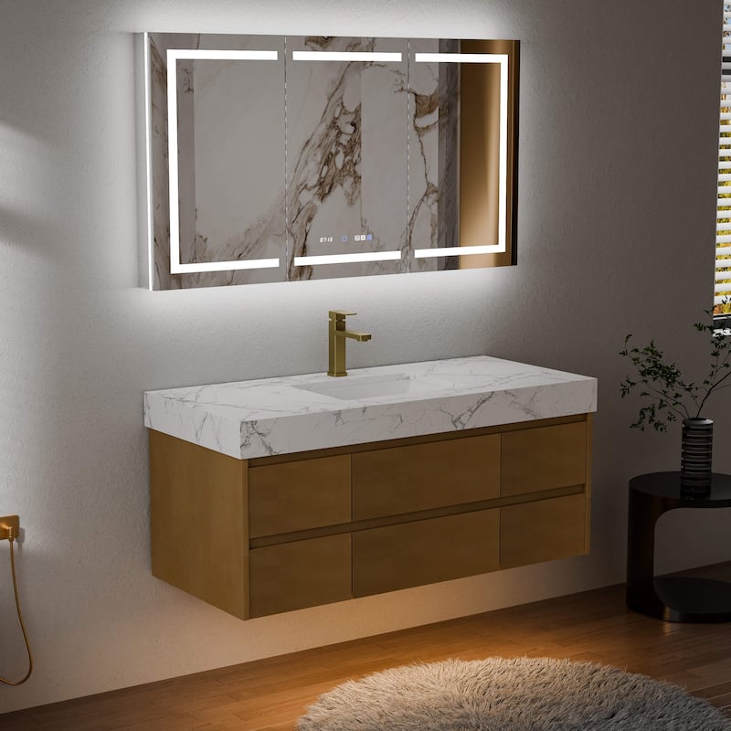 Modland 48" Floating Bathroom Vanity with Single/Double Sink, Modern Maple Wood Wall Mounted Vanity with Marble Countertop