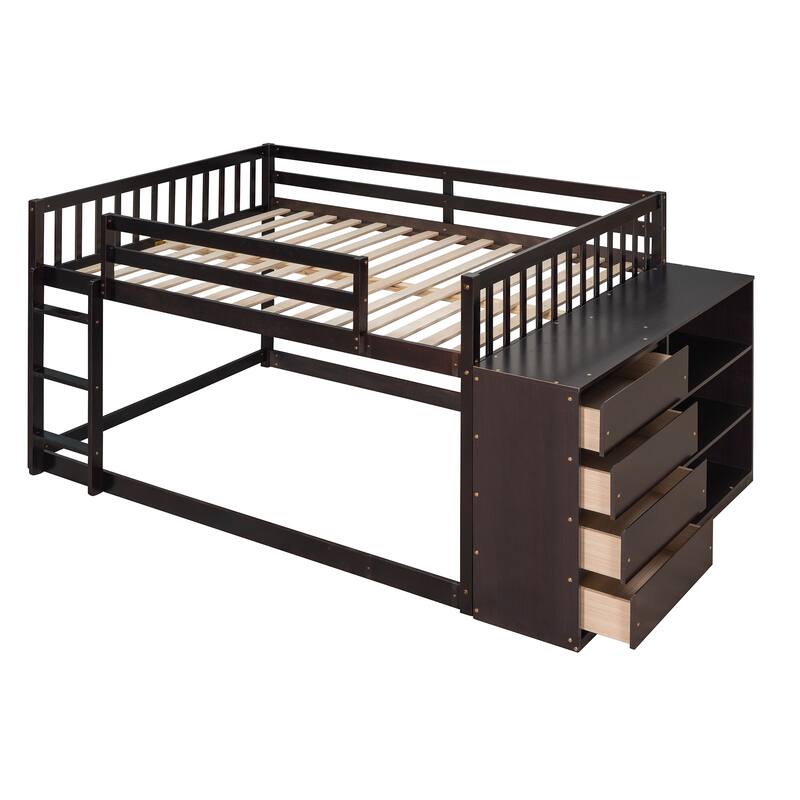Floor Bunk Bed with Movable Storage Cabinet, Include 4 Storage Drawers and 3 Shelves, Solid Wood Bunkbeds Frame for Kids Teens
