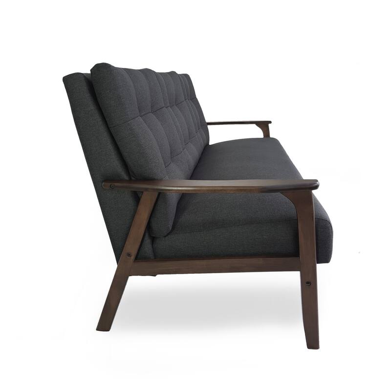 Grey 65.6'' Mid-Century 3-Seater Sofa with Waffle Stitch Tufting, Rubberwood Legs, and Accent Design
