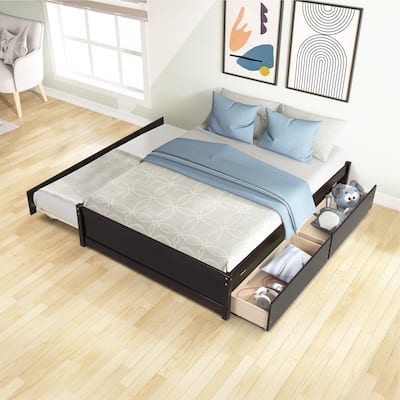 Open Frame Bed Full Size Slat Bed with Trundle Bed and 2 Drawers
