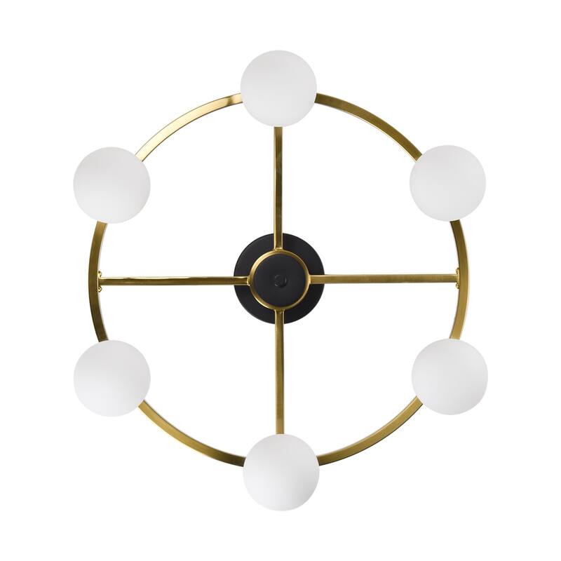 Dining Room 6 Light Flush Mount Light, Gold Black Frame Frosted Glass Globes - Polished Brass