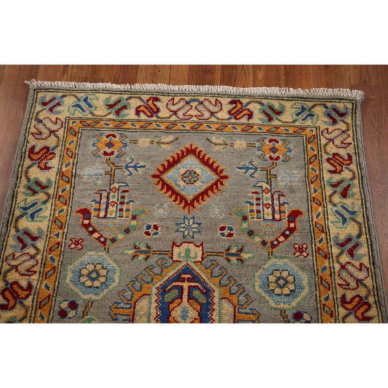 Geometric Kazak Runner Rug Hand-Knotted Grey Wool Carpet - 2'7" x 16'3"