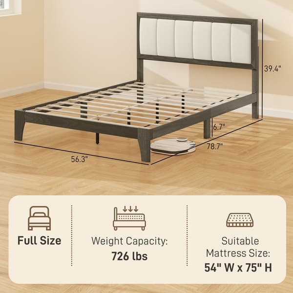 dimension image slide 5 of 7, HOMCOM Full Size Bed Frame with Upholstered Headboard, Platform Bed Frame with Wooden Slats