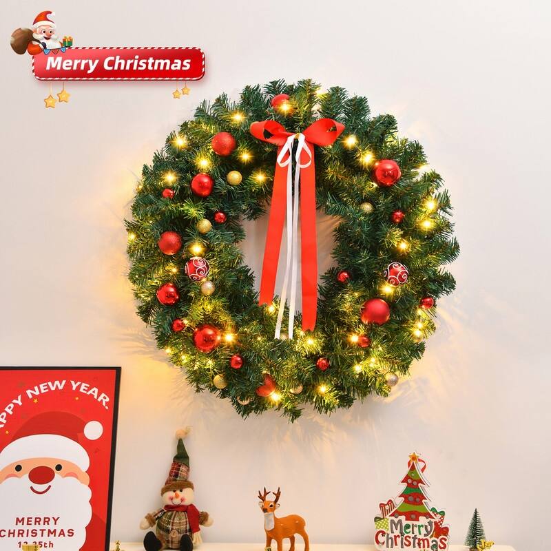 36in Pre-lit Battery Powered Christmas Wreath, Lighted Artificial Xmas Wreath, for Front Door Gate Wall Xmas Party Decorations