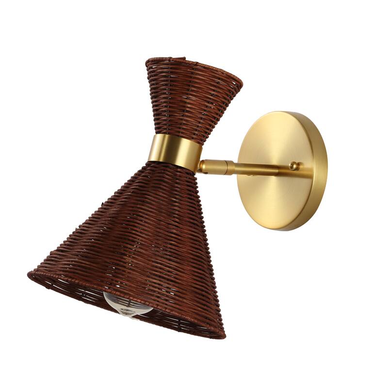 Kiawah 10" 1-Light Mid-Century Vintage Retro Rattan/Metal LED Sconce with Adjustable Shade, by JONATHAN Y