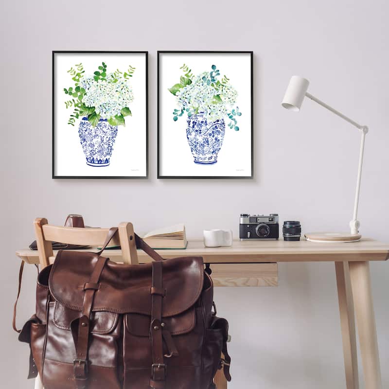Stupell Blue Floral Bouquets Lush Green Botanicals Ornate Pot 2pc Multi Piece Framed Wall Art Set