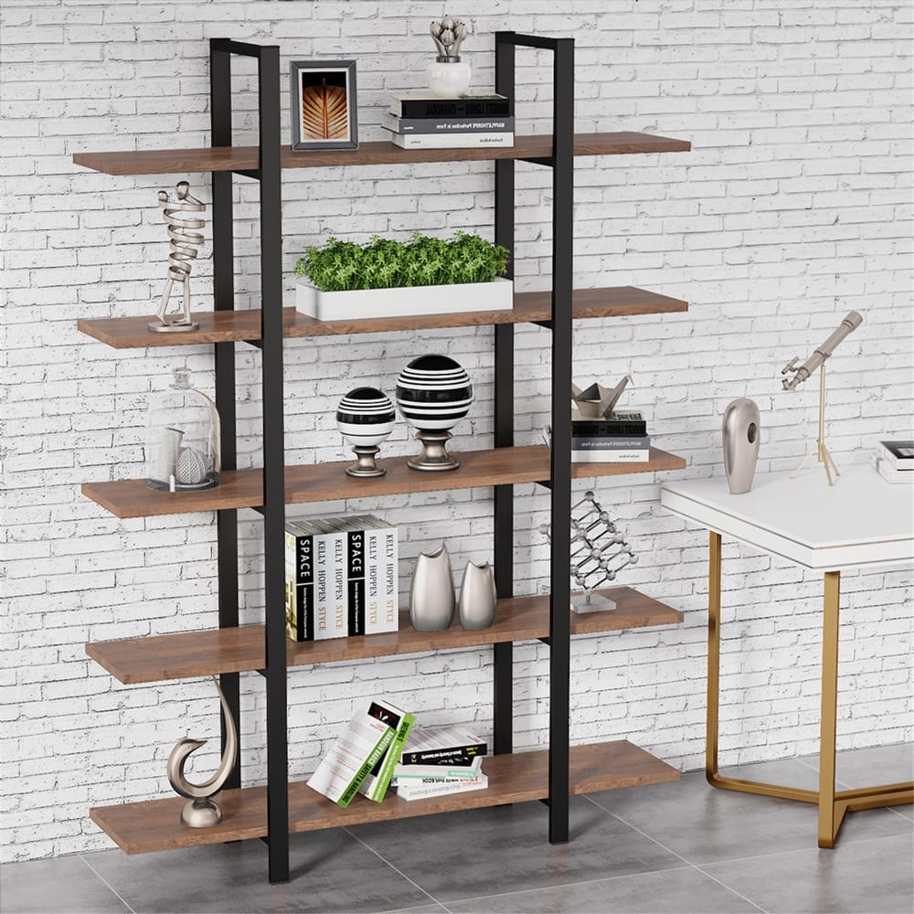 Brown Vintage Industrial 5-Tier Etagere Bookcase, White/ Gold Modern Display Bookshelf