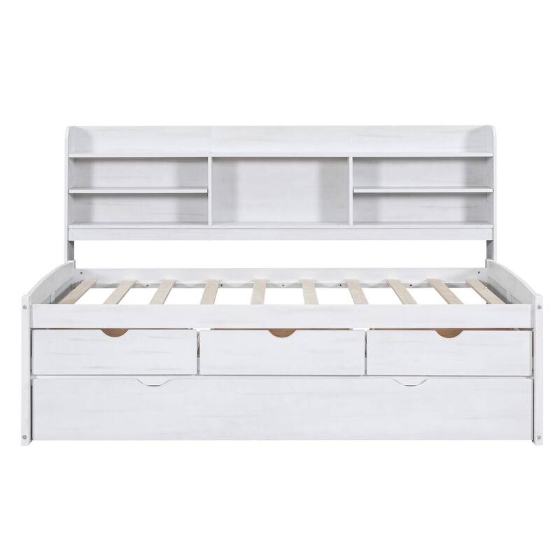 Twin Wooden Captain Bed with Bookshelves, 3 Storage Drawers, and Trundle